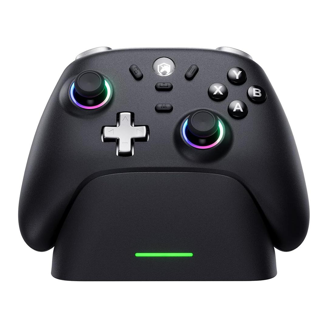 ECHTPower PC Gaming ControllerWireless for PC with Hall-Effect Joysticks, 1000Hz Polling Rate, No Drift, Turbo & Vibration, Compatible with Windows/Switch/iOS/Android/Steam Place & Charge Dock