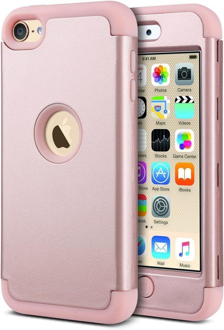 ULAK Compatible with iPod Touch 7th/6th/5th Gen Case, Heavy Duty Shockproof High Impact Protective Case with Dual Layer Soft Silicone + Hard PC for Apple iTouch 5/6/7, Rose Gold