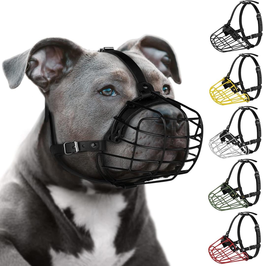 Pitbull Dog Muzzle Metal Mask Amstaff Secure Wire Basket Adjustable Durable Leather Straps for Large Dogs (Black)