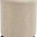 Get Set Style Ottoman with Wheels, Rolling Vanity Stool for Makeup, Upholstered Vanity Rolling Chair Footrest Round Ottoman Foot Stool for Living Room, Bedroom Creamy