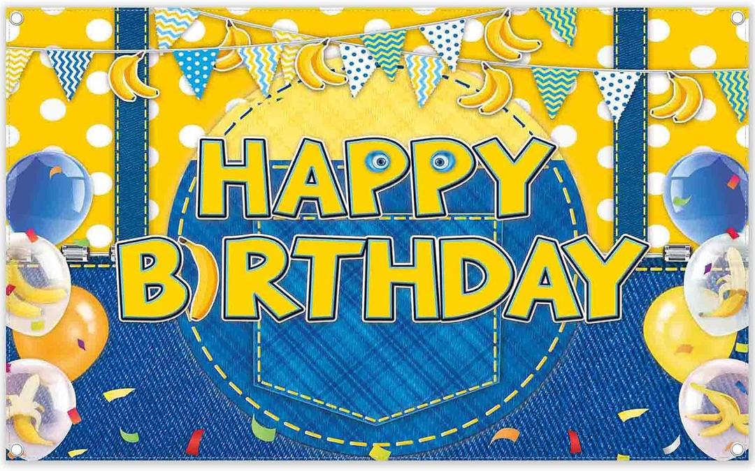 Fabric 72x43inch Yellow Jeans Cartoon Happy Birthday Backdrop Banana Balloon Flag Boy Party Decorations Kids Supplies Photo Booth Props Cake Table Banner