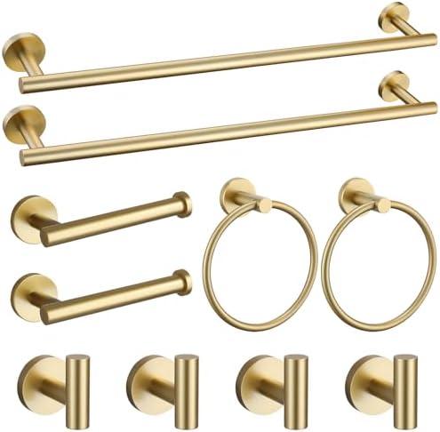 Brushed Gold Towel Bar Set 10 Pieces Bathroom Hardware Accessories Set Towel Rack Set for Bathroom SUS304 Stainless Steel Toilet Paper Holder Wall Mounted, 23.6 Inch