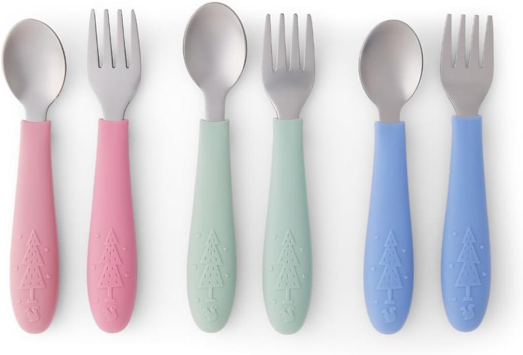 Elk and Friends Kids Silverware with Silicone Handle | Childrens Safe Flatware | Toddler Utensils | Baby Spoons + Forks | Stainless Steel Cutlery | Dishwasher Safe | 6 Pieces (Blush/Sage/MistyBlue)
