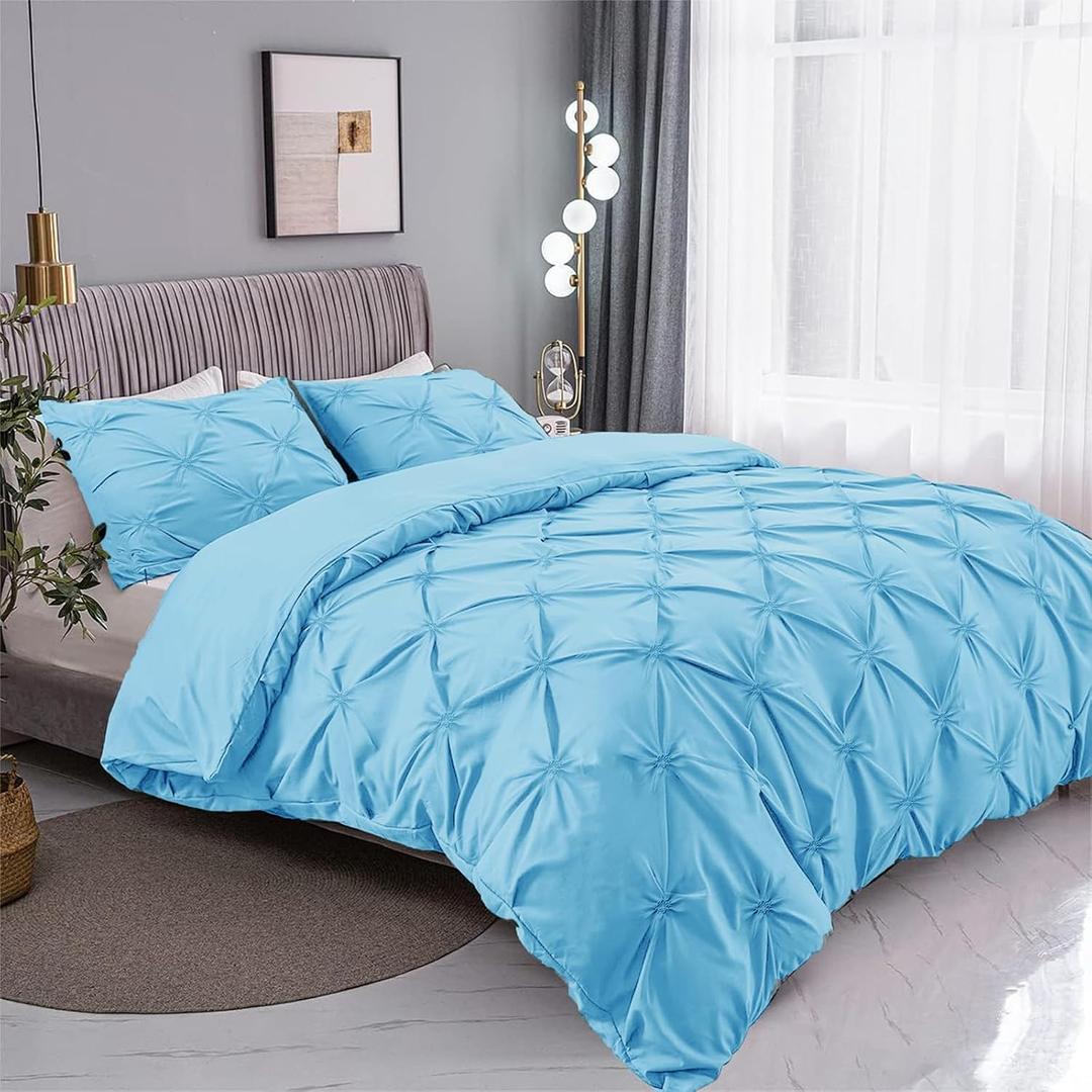Bedding Duvet Cover Queen Size Blue Set, 3 Pieces Set Solid Color Satin Queen Duvet Cover Set 1 Comforter Cover and 2 Pillowcases with Zipper Cover (Lake Blue, Queen 90'' x 90'')