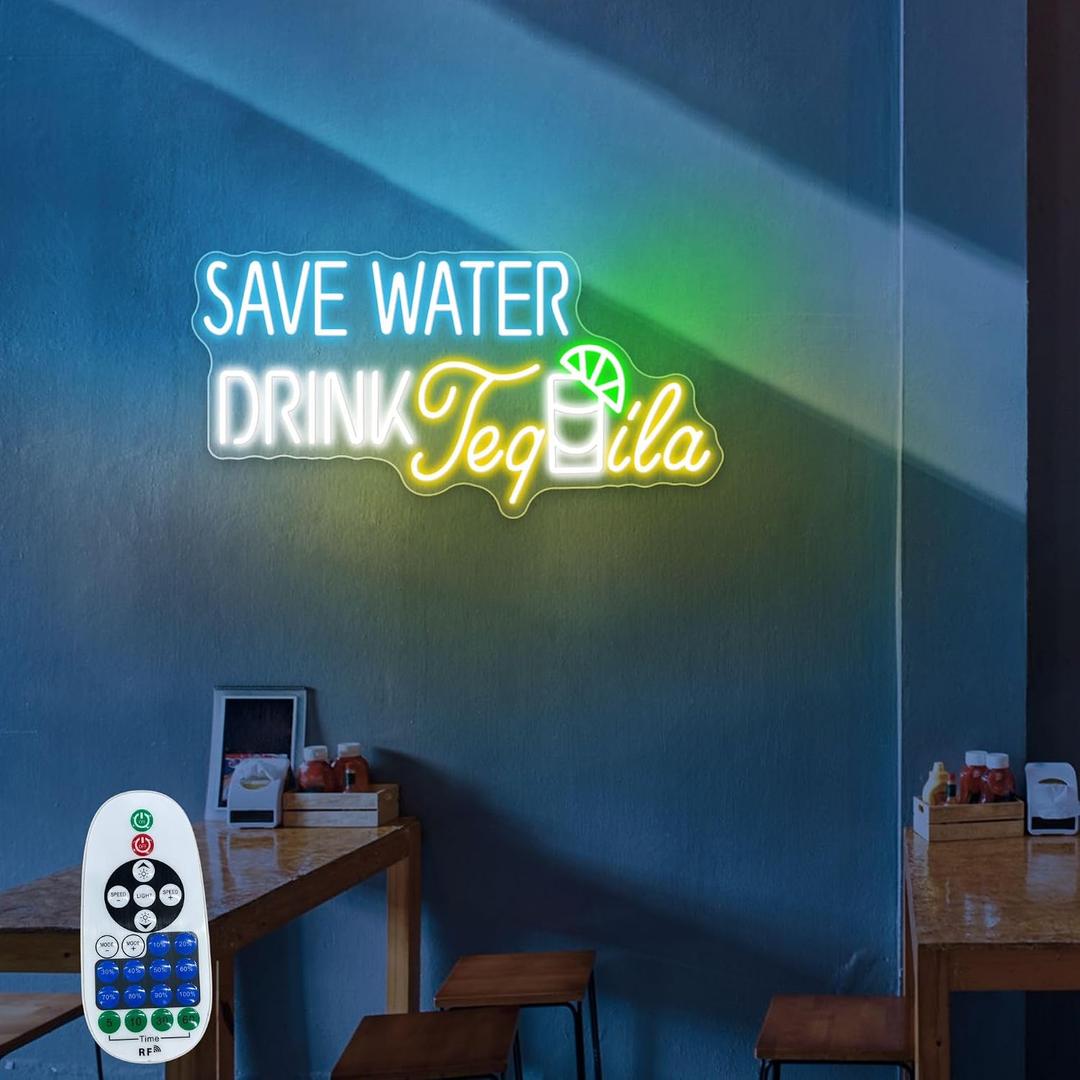 Save Water Drink Tequila Party Decorations Bar Neon Sign - Super Bright - Large Size (24x12'') - Remote Included Led Bar Sign for Party Mexican Restaurant Decor Neon Signs for Man Cave