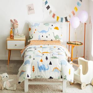 Joyreap 4 Piece Cotton Toddler Bedding Set for Kids Boys n Girls, Dinosaur Theme Cream White n Orange Reversible Design, Includes Quilted Comforter, Fitted Sheet, Top Sheet, and Pillow Case (Colorful Dinosaur)