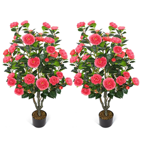2 Pack 42" Fake Tree Rose Pink Artificial Camellia Tree with 36 Blooming Flowers Faux Floral Plant Tall Plastic Potted for Indoor Outdoor Office Shop Home Room Porch Front Door, Rose Pink