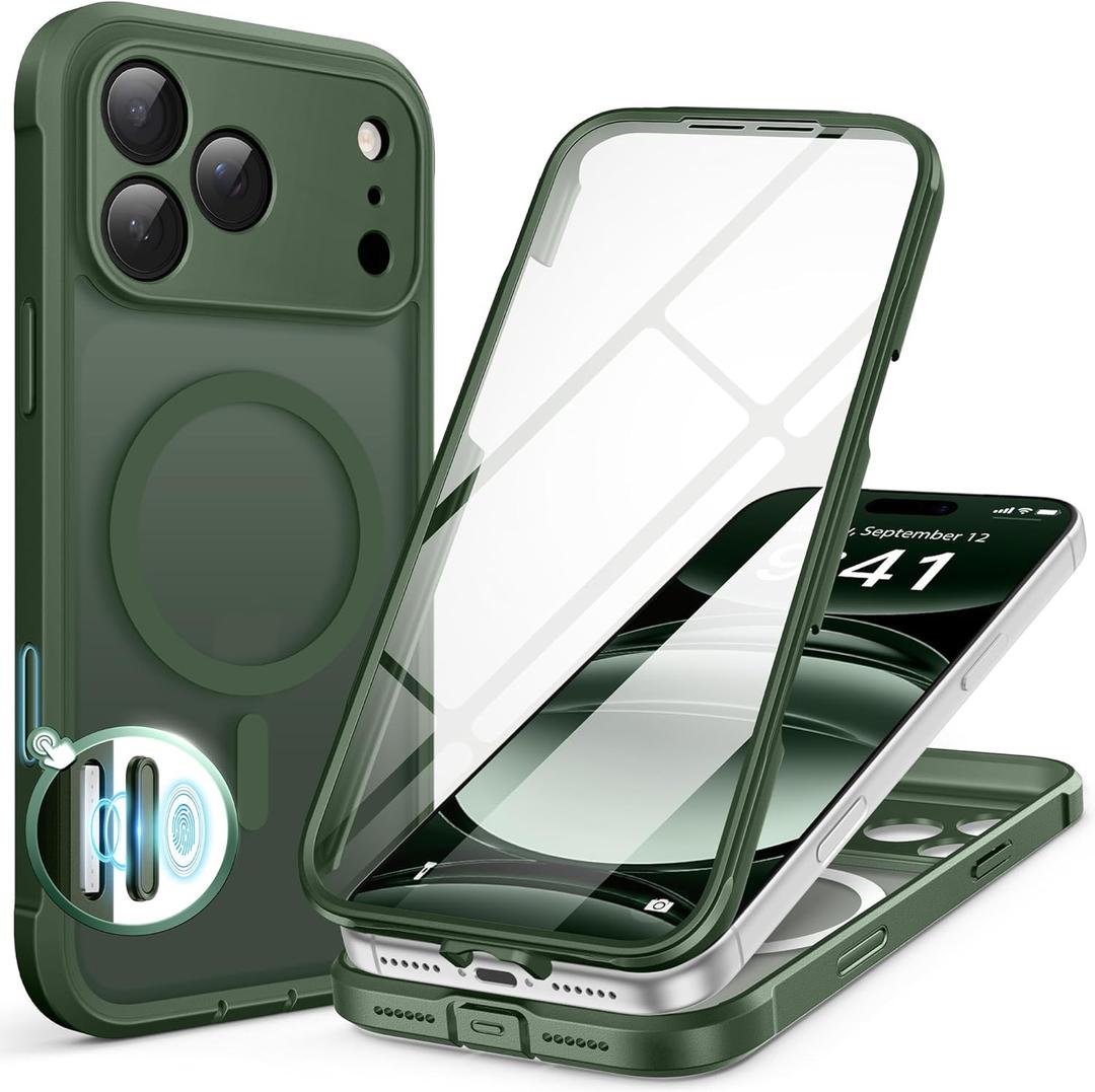 BERFY for iPhone 17 Pro Max Case, Compatible with MagSafe, Built-in 9H Tempered Glass Screen Protector and Camera Protection, Full Body Shockproof Translucent Matte Phone Case 6.9", Deep Green