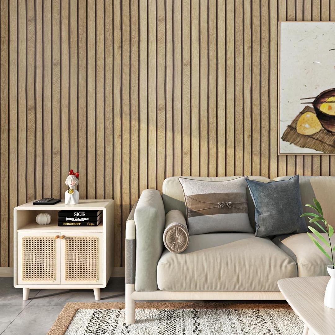 FunStick Brown Slats Wood Wallpaper Peel and Stick Wood Contact Paper for Cabinets Peel and Stick Wood Slats for Wall Decor Waterproof Removable Wood Wall Paper for Bedroom Countertops Desk 12"x200" (12" x 200", Brown Grey)