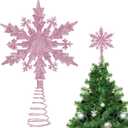 Civaner 8.3 Inch Pink Christmas Glitter Snowflake Tree Topper Pink Snowflake Xmas Tree Decor Christmas Ornaments Decoration for Xmas New Year Party Winter Holiday Indoor Home