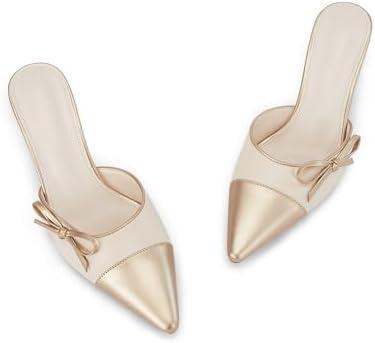 Coutgo Womens Bow Tie Mules Heels Two Tone Closed Pointed Toe Slip On Backless Wedding Dress Shoes Pumps Size 8.5
