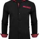 DiBanGu Men's Paisley Dress Shirts Long Sleeve Button Down Inner Contrast Casual Business Shirt with Collar Pin (Black and Red)