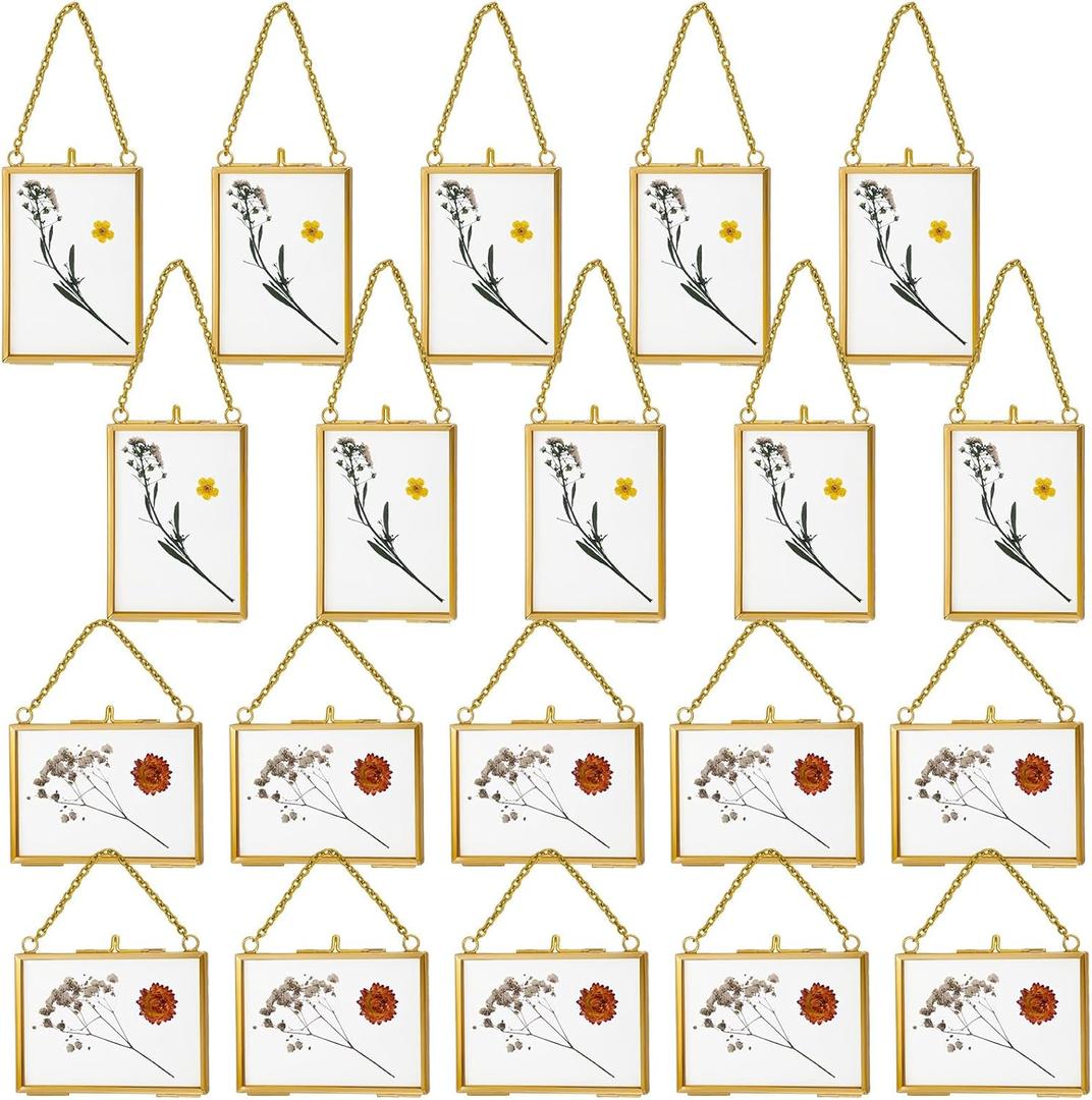 Kigley Double Glass Frame for Pressed Flowers Floating Hanging Photo Frame Gift for Graduation Mother's Day 3.5 x 2.5 in Brass Clear Decor with Chain for Display Gallery Artwork(Gold,20 Pcs)