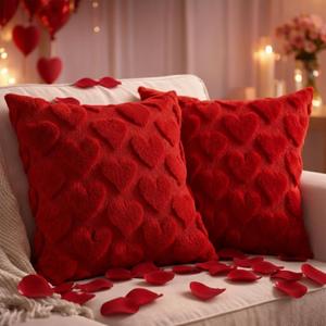 Valentines Day Heart Pillow Covers 18x18 Set of 2  Red Soft Plush Faux Fur Jacquard Throw Pillow Cases, Love Heart Cushion Covers for Sofa Couch Bedroom Holiday Home Decor