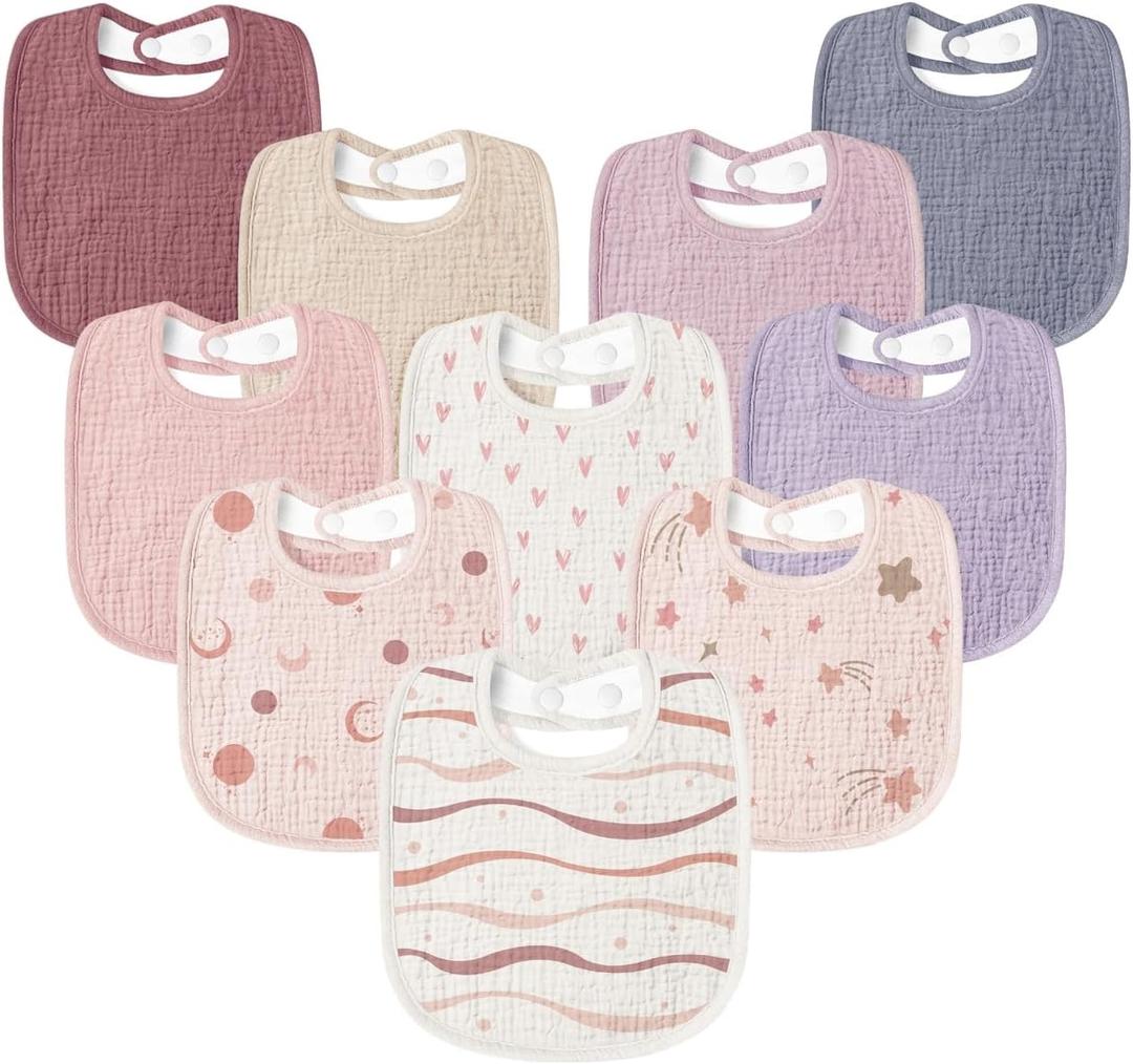 Susurration Muslin Baby Drool Bibs 10Pack Soft Square Adjustable Bandana Bibs for Unisex Baby Girls & Boys (Pink Nebula)