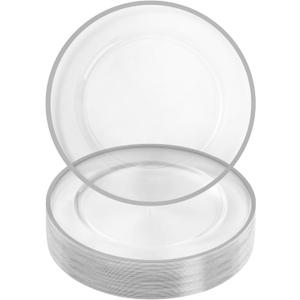 Goodluck 12 Inch Silver Charger Plates, 25 Pack Clear With Silver Trim, Disposable Plastic for Dinner, Wedding, Party