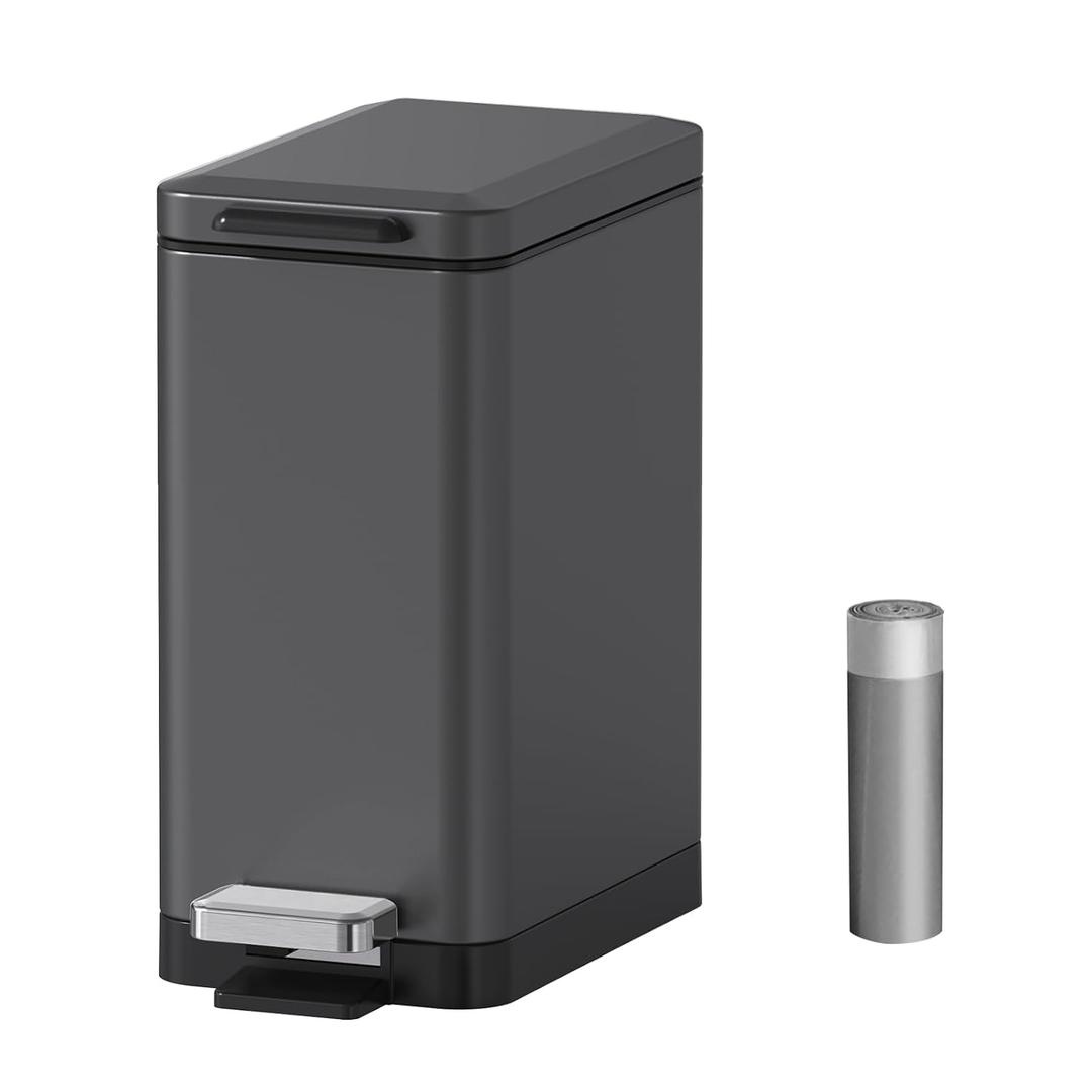 Mbillion Bathroom Trash Can with Lid Slim Stainless Steel Small Bathroom Garbage Can 10 Liter, 2.6 Gallon Soft Close, Step Pedal, Slim Wastebasket for Toilet, Office, Bedroom,Dark Grey