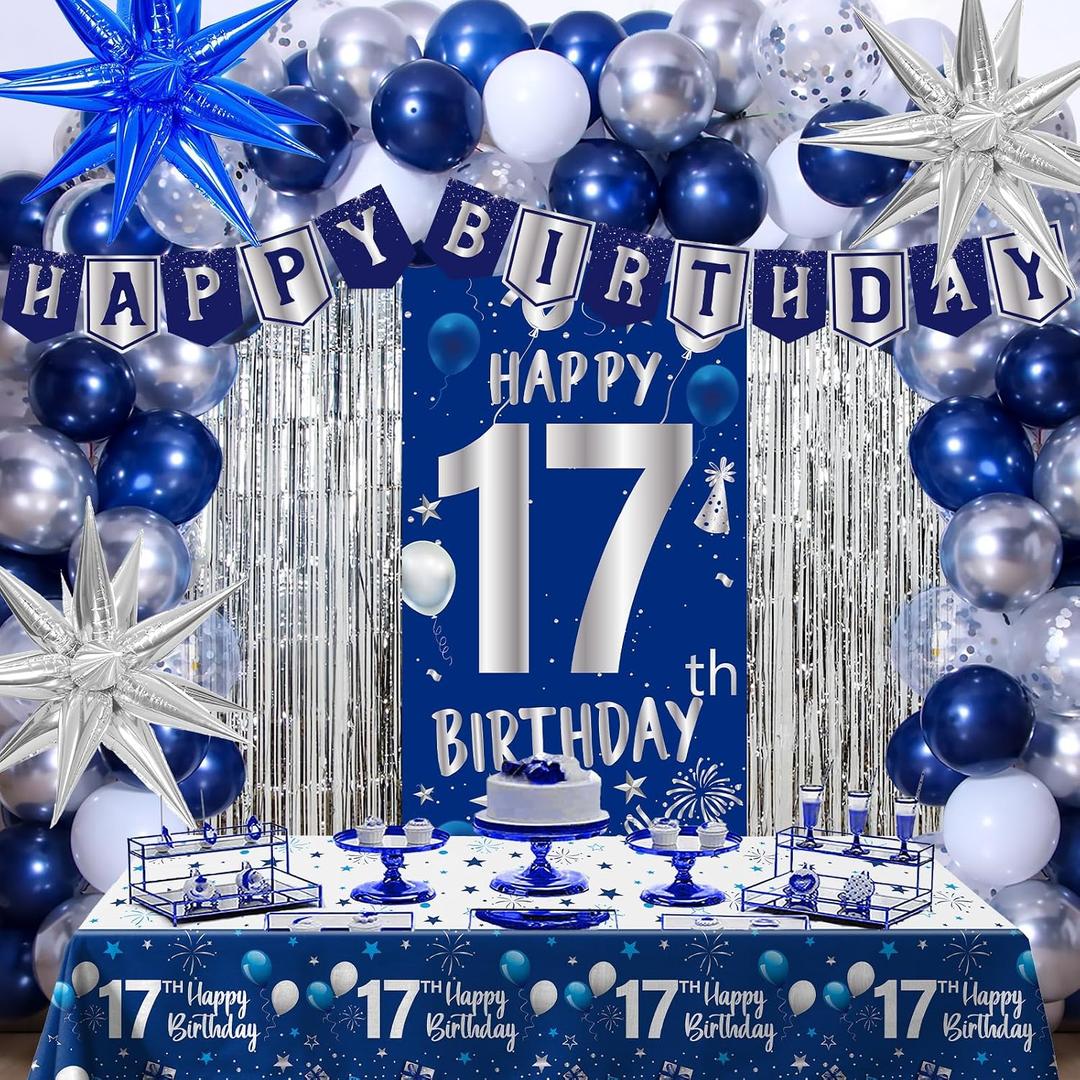 Blue 17th Birthday Decorations for Boys Girls, Happy 17th Birthday Decorations for Men, Navy Blue 17 Birthday Banner, 17 Year Old Boy Bday Party Ballloons Arch Tablecloth Backdrop Star Balloons Decor