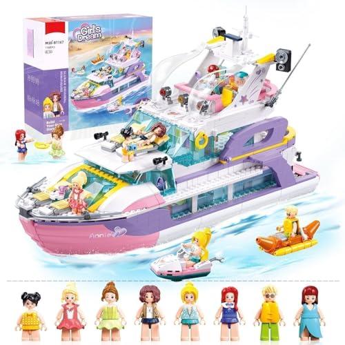 Friends Pink Yacht for Girls 8-12, Cruise Ship Building Toys with 8 Minifigures & 2 Boats, Compatible with Lego Friends Ship, Gifts for Kids Ages 8+, 1108 PCS