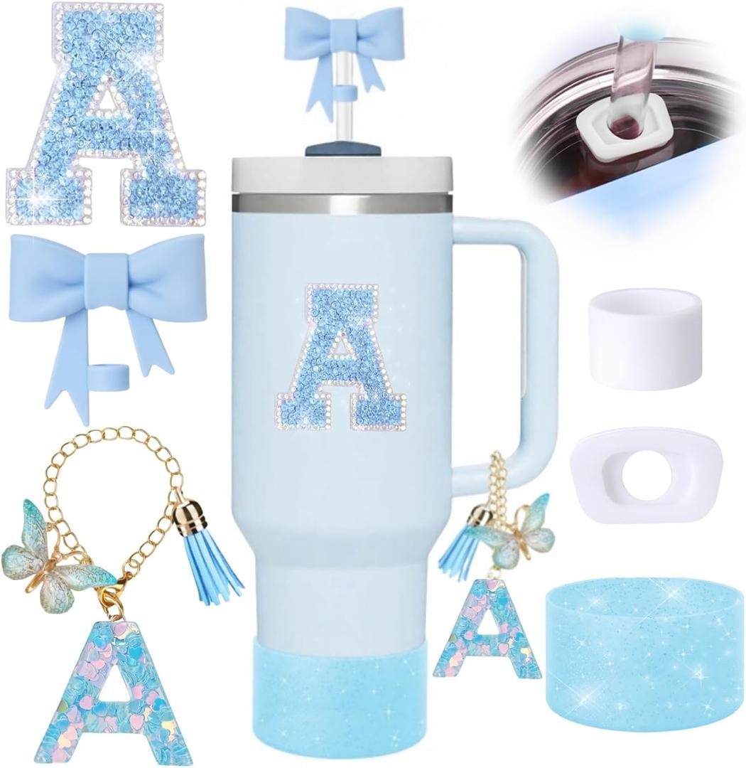 6pcs Blue Stanley Cup Accessories Set, Bow Straw Topper for Stanley Cup 30oz 40oz, Including Straw Topper and Sparkly Silicone Boot, Stoppers Spill Proof, Handle Charm, Initials Sticker