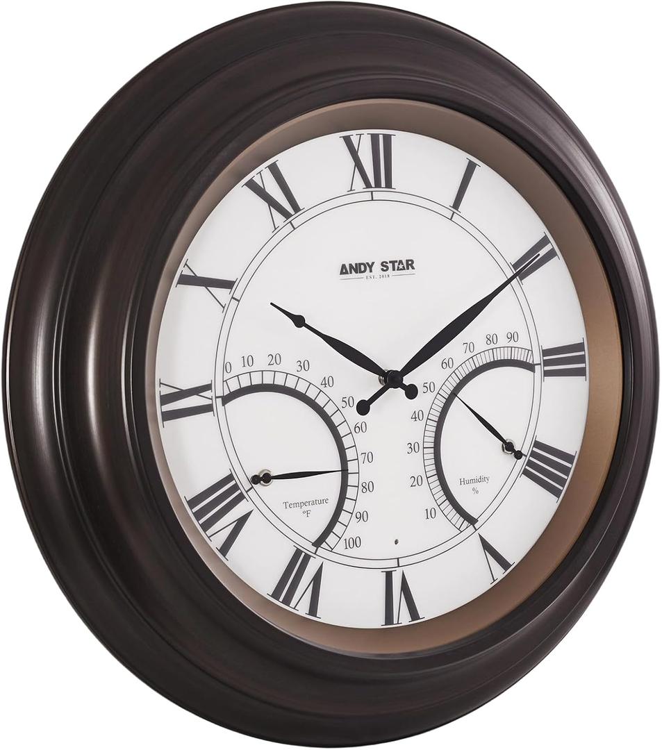 ANDY STAR 24 Inch Outdoor Clocks Waterproof,Large Outdoor Wall Clocks for Patio with Thermometer, Weatherproof Illuminated Clock Battery Operated with Thermometer&Hygrometer,Oil Rubbed Bronze Black