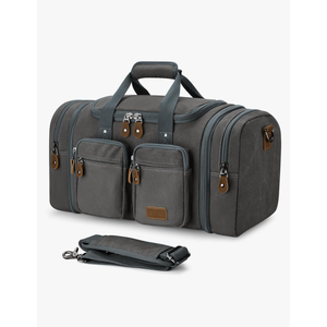 Conex Canvas Duffle Bag for Travel, Expandable Water Resistant 50L Carry on Duffel Overnight Weekender Gym Bag with Wet Dry Separation Pocket & Suitcase Handle Sleeve, Grey