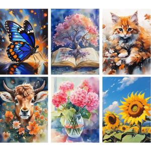 geesfayan 6 Pack Diamond Painting Kits for Adults Beginners 12x16 inches DIY Diamond Art with 6 Designs:Tree,Cat,Butterfly,Sunflower,Highland Cow,Flower Home Wall Decor