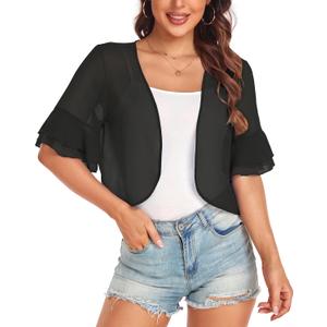 Women's Cardigan Bolero Shrug Ruffle Short Sleeve Open Front Loose Sheer Jackets for Tops (Black, L)
