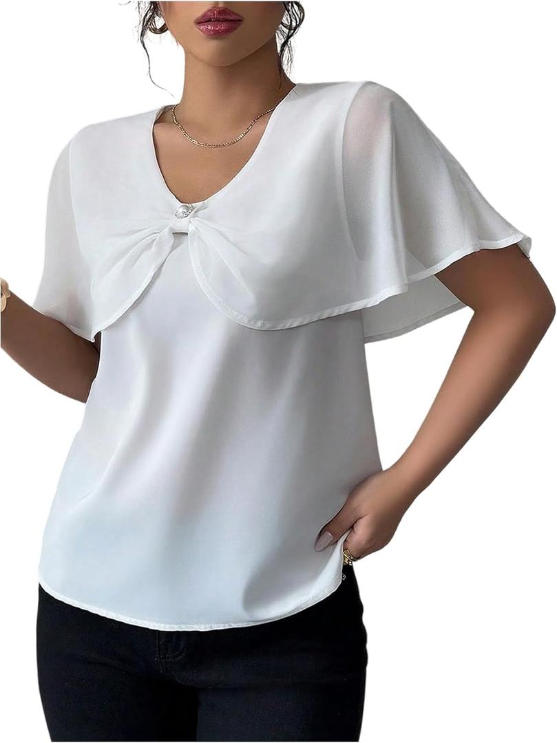SHENHE Women's Dressy Casual Blouse V Neck Flutter Sleeve Sheer Elegant Bow Shirt Top (White, L)