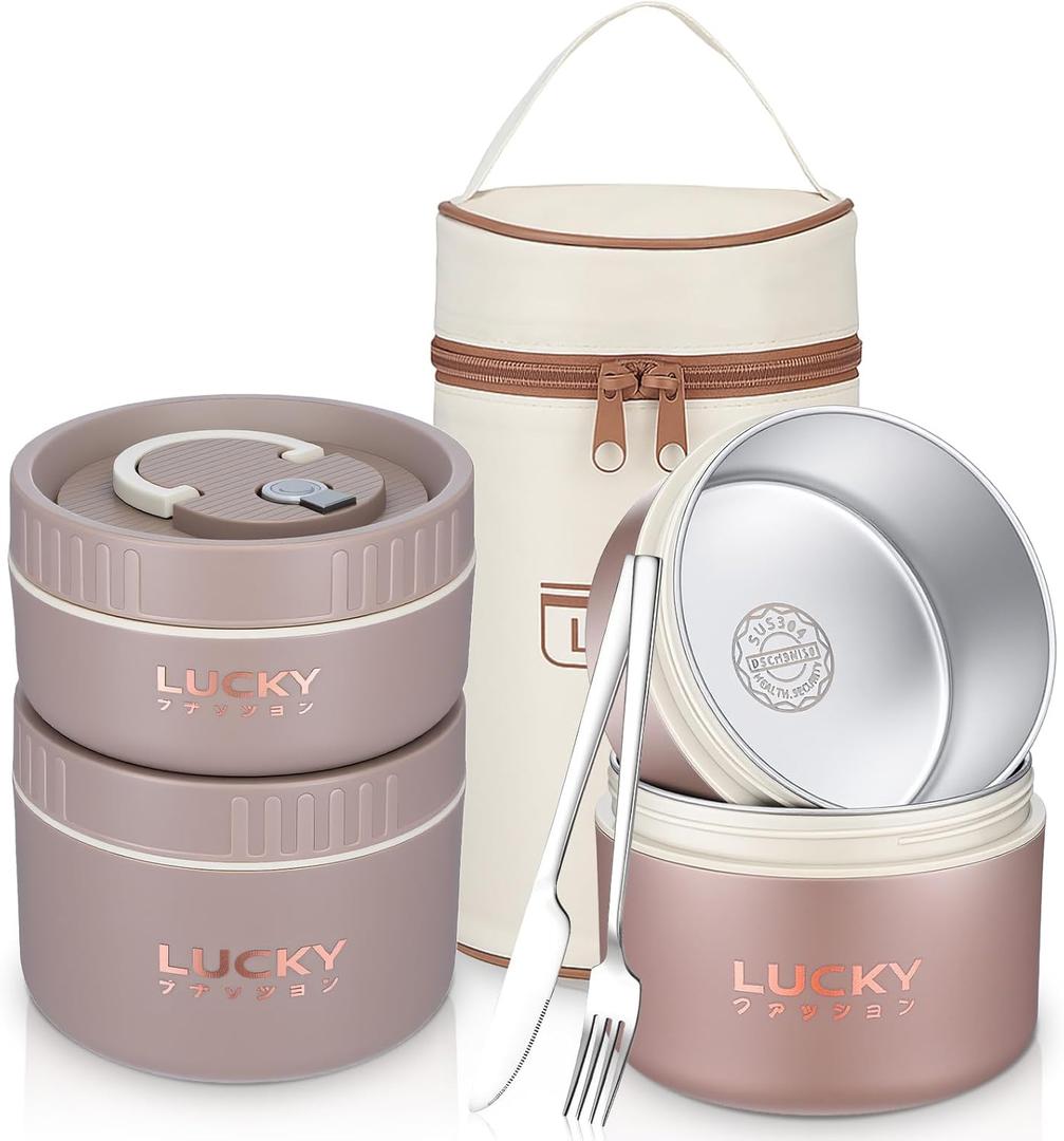 3 Pcs Portable Insulated Lunch Container Set for Adult, Stackable Stainless Steel Bento Box for Hot Food with Insulated Lunch Bag Unisex 3 Separate Thermal Food Container(Khaki)