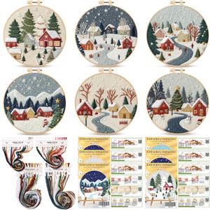 Peryiter 6 Sets Christmas Embroidery Kit for Beginners Including 6 Pcs Embroidery Hoop Winter Scene Snow Cross DIY Needlepoint Kit Instructions Threads Needles for Christmas Holiday Party Gift
