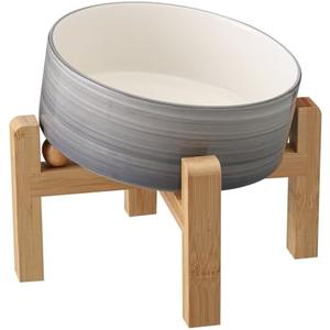 Addggo Elevated/Raised 15°Tilted Anti Slip Ceramic Dog Bowl for Medium & Large Breeds,Slanted Bulldog Big Face Pet Food Water Feeding Dish with Stand (7.6 Cups/60OZ) Grey White