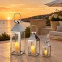 Elegant Candle Lantern Set- 3 Sizes (26", 19", 13" H) - Tempered Glass Panel Metal Candle Holders for Versatile Indoor & Outdoor Decorating - Perfect for Celebrations(Silver)