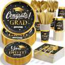 Graduation Decoration Class of 2026, 350PCS Graduation Party Supplies Disposable Dinnerware(Serve 50) with Paper Plates Cup Napkin Fork Knife Spoon College High School Grad Decor(Black & Gold)
