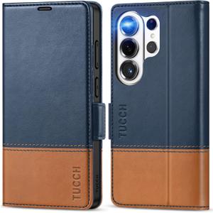 TUCCH Case Wallet for Galaxy S26 Ultra, PU Leather Magnetic Kickstand [RFID Blocking] 4 Card Slot Folio Flip Cover with [TPU Shockproof Interior Case] Compatible with Galaxy S26 Ultra, Blue & Brown