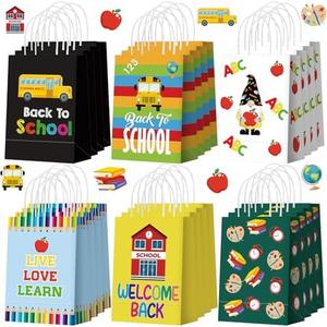 Kolldenn 72 Pcs Welcome Back to School Gift Goodie Bags with Handles First Day of School Party Favors Bags Paper Book Pencil Bus Gnome Candy Treat Pouch for Classroom Party Decorations Supplies( 3 pack)