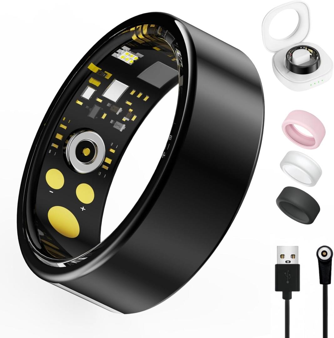 Smart Ring For Women Men, Health Tracker with Heart Rate, Blood Oxygen, Blood Pressure, Sleep Monitor, Step Counting, IP68 Waterproof Fitness Ring, No App Fees for iPhone & Android (Black)