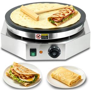 3000W Commercial Crepe Maker, 16" Non-Stick Electric Griddle with 0-300℃ Adjustable Temperature, Stainless Steel Pancake & Jianbing Machine with Wooden Spreader for Home, Snack Bar & Food Stall