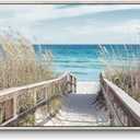 Beach Artwork Seascape Wall Art: Seaside Framed Painting Fence Pathway Picture Print on Wrapped Canvas for Living Room (36''W x 24''H, Multiple Sizes)