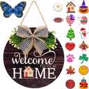 Interchangeable Seasonal Welcome Sign Front Door Decorations, Round Wood Wreath for Outdoor, Farmhouse, Porch Perfect for New Home Housewarming Gift, Valentine's, Easter, Christmas Home Decor (Brown)