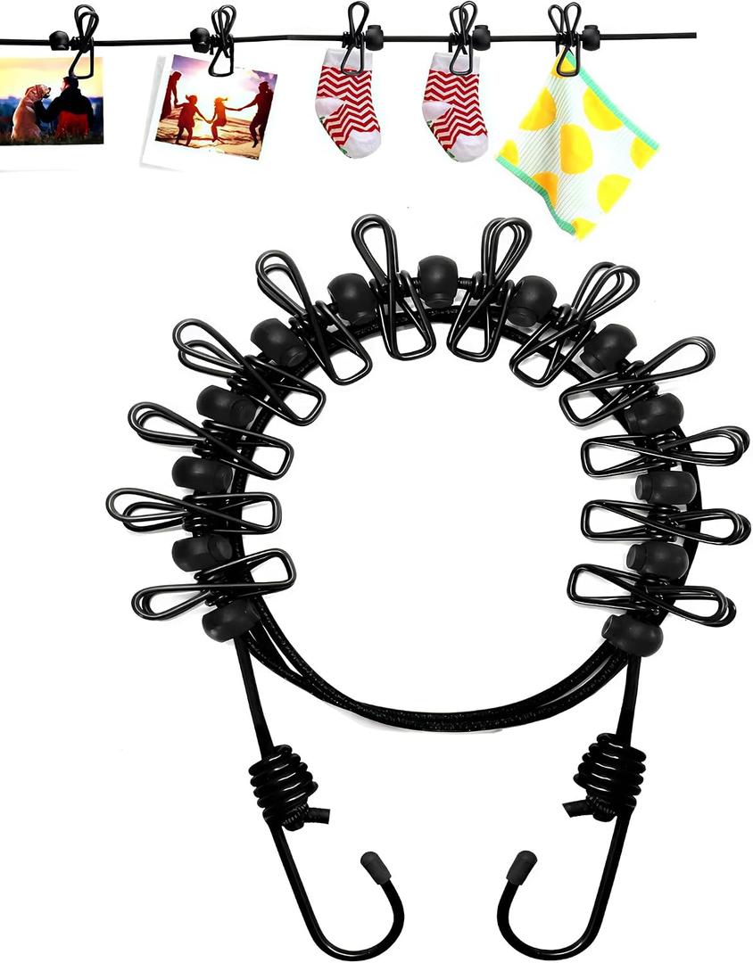 1 Pack Portable Clothesline with 12 Clothespins, Travel Clothesline Stretchy Retractable Elastic Laundry Clothes Line for Backyard, Vacation Hotel, Balcony Clothes Drying Line (Black)