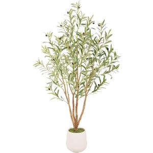 Bellacat 5ft Super Fuller Faux Olive Tree with White Decorative Planter & Multiple Real Wood Trunks, 60in Olive Trees Artificial Indoor with Realistic Fruit, Fake Olive Tree for Indoor & Outdoor Dcor
