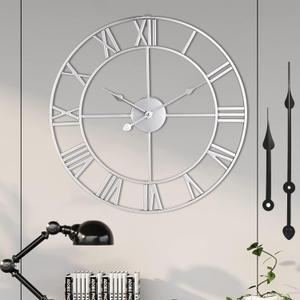 1st owned Large Wall Clock for Living Room Decor Silent Non-Ticking Decorative Wall Clock Roman Numerals Vintage Battery Operated for Kitchen Farmhouse Cafe Office Decor (Silver, 32 Inches)