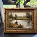 Vintage Gold Framed Wall Art Boy Fishing Country Oil Painting Canvas Prints Peaceful Lake Landscape with Dog Picture Rustic Farmhouse Poster Artwork for Nursery Living Room Bedroom, 16x24in