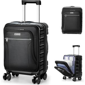 Lekebobor 18 Inch Carry On Luggage Airline Approved, Hybrid Soft Hard Shell Suitcase with Removable Spinner Wheels, TSA Lock, Front Pocket for Travel, Black