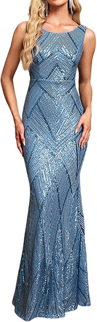 Glitter Formal Dresses Long Evening Gowns Bodycon Mermaid Sparkly Sequin Boat Neck Cocktail Party Dress (Blue, XL)