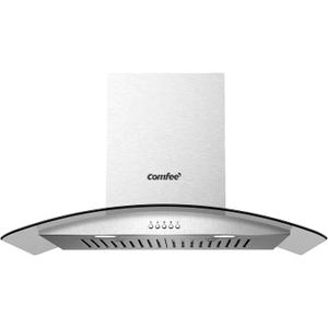 COMFEE' CVG30W8AST 30 Inches Ducted Wall Mount Vent Range Hood with 450 CFM 3 Speed Exhaust Fan, Baffle Filters, Curved Glass, 2 LED Lights, Convertible to Ductless, Stainless Steel