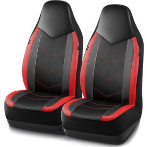 PIC AUTO Leather Car Seat Covers, Sports Carbon Fiber & Mesh Design, High-Back Two Front Set, Waterproof Automotive Seat Covers, Airbag Compatible, Universal Fit for Most Cars (Black & Red)