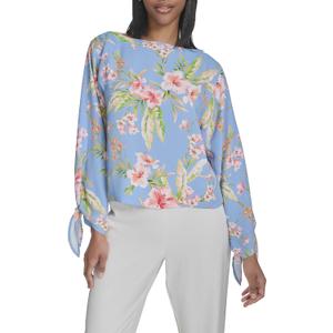 Halston Women's Long Tie Sleeve Floral Printed Boat Neck Blouse (Blue, L)