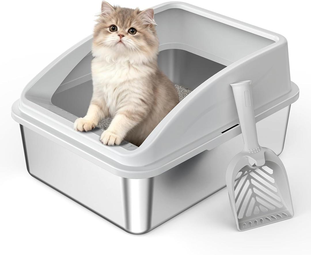 Stainless Steel Litter Box | Metal Kitty Litter Box with Lid High Sided for Small Cats or Injured Cats, Bunny Litter Boxes, Low Entry, Odor-Free, Non-Stick,Includes Scoop (Silver Gray)